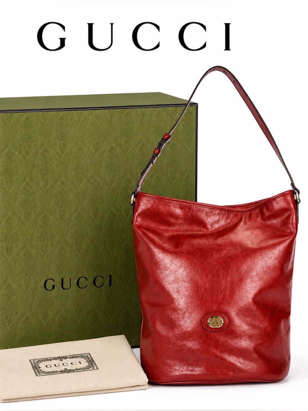 Gucci Red Hobo Bucket Bag, Leather Rare Find, quiet luxury, NWOT